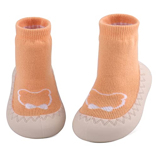 LACOFIA Baby Sockenschuhe Unisex Kleinkind Jungen Mädchen Stricken Hausschuhe Socken mit rutschfest Gummisohle Baby Lauflernschuhe Orange Bär 18-24 Monate von LACOFIA