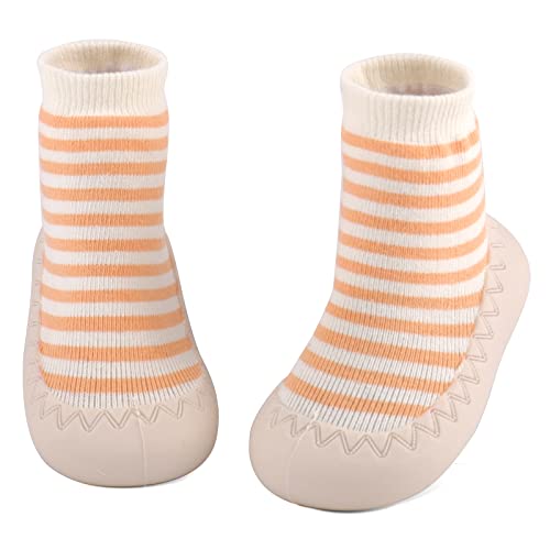 LACOFIA Baby Sockenschuhe Unisex Kleinkind Jungen Mädchen Stricken Hausschuhe Socken mit rutschfest Gummisohle Baby Lauflernschuhe Orange Streifen 12-18 Monate von LACOFIA