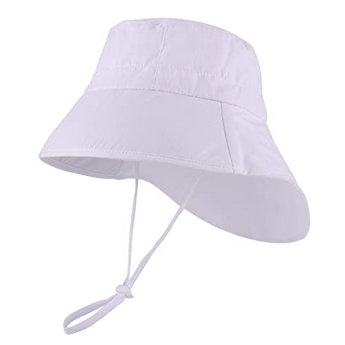 LACOFIA Baby Sonnenhut Baumwolle Kleinkind UV Sommer Mütze Verstellbarem Unisex Kinder Breiter Krempe Strand Cap Fischerhut mit Bindebändern und Nackenschutz Weiß 6-18 Monate von LACOFIA