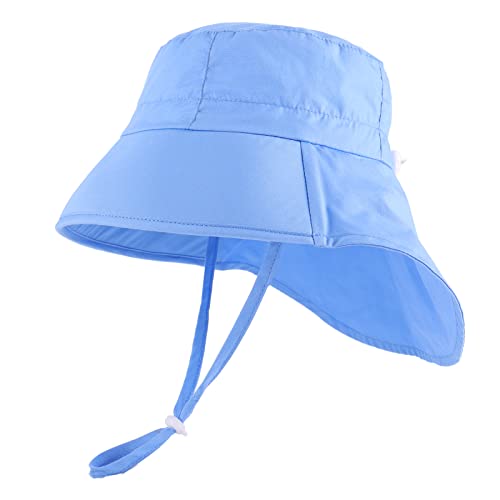 LACOFIA Baby Sonnenhut Jungen Baumwolle Kleinkind UV Sommer Mütze Verstellbarem Kinder Breiter Krempe Strand Cap Fischerhut mit Bindebändern und Nackenschutz Blau 2-5 Jahre von LACOFIA