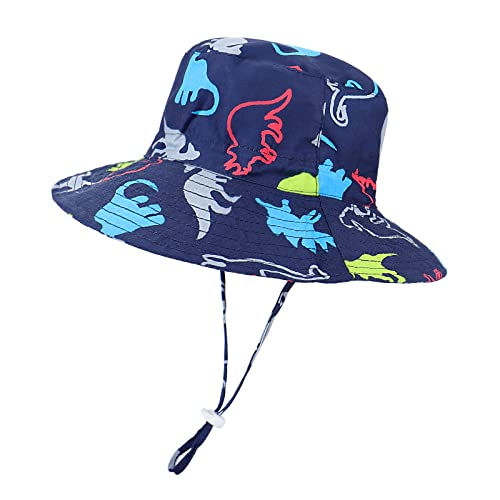 LACOFIA Baby Sonnenhut Kleinkind Jungen Sommer Mütze UV Bademütze Verstellbarem Kinder Breiter Krempe Strand Cap mit Nackenschutz Marineblau Dinosaurier 2-3 Jahre von LACOFIA