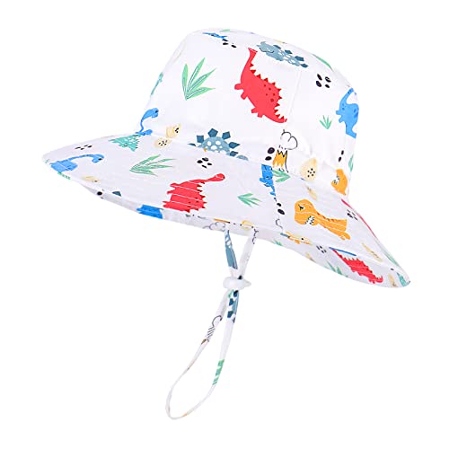 LACOFIA Baby Sonnenhut Kleinkind Jungen Sommer Mütze UV Bademütze Verstellbarem Kinder Breiter Krempe Strand Cap mit Nackenschutz Weiß Dinosaurier 1-2 Jahre von LACOFIA