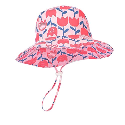 LACOFIA Baby Sonnenhut Kleinkind Mädchen Sommer Mütze Kinder Sonnenschutz Breiter Krempe Strand Cap mit Verstellbarem Kinnriemen Pinke Blumen 1-2 Monate von LACOFIA