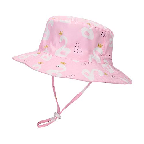 LACOFIA Baby Sonnenhut Kleinkind Mädchen Sommer Mütze Kinder Sonnenschutz Breiter Krempe Strand Cap mit Verstellbarem Kinnriemen Rosa Schwan 2-3 Jahre von LACOFIA