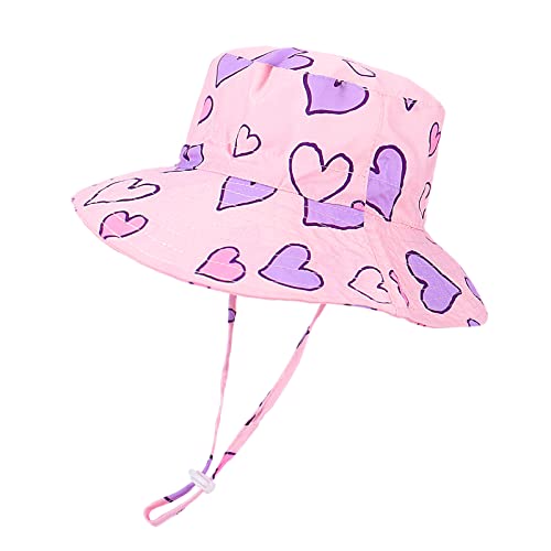 LACOFIA Baby Sonnenhut Kleinkind Mädchen Sommer Mütze UV Bademütze Verstellbarem Kinder Breiter Krempe Strand Cap mit Nackenschutz Rosa Herz 4-6 Jahre von LACOFIA