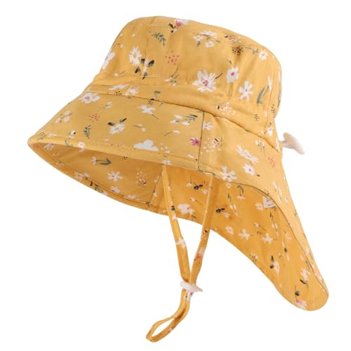 LACOFIA Baby Sonnenhut Mädchen Baumwolle Kleinkind UV Sommer Mütze Verstellbarem Kinder Breiter Krempe Strand Cap Fischerhut mit Bindebändern und Nackenschutz Gelb 6-18 Monate von LACOFIA