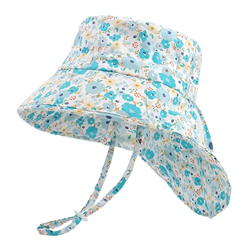 LACOFIA Baby Sonnenhut Mädchen Baumwolle Kleinkind UV Sommer Mütze Verstellbarem Kinder Breiter Krempe Strand Cap Fischerhut mit Bindebändern und Nackenschutz Hellblaue Blume 6-18 Monate von LACOFIA