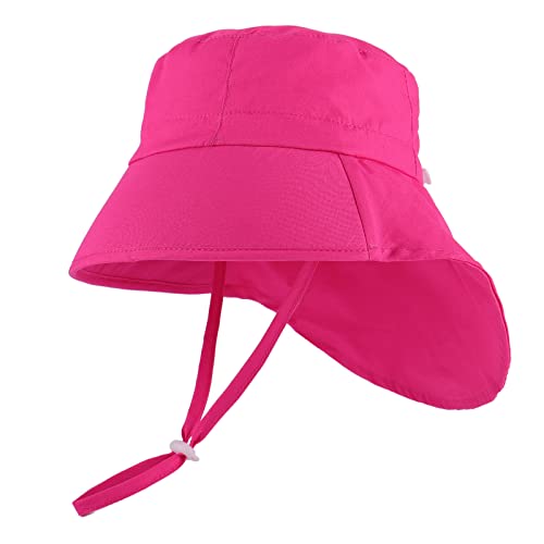 LACOFIA Baby Sonnenhut Mädchen Baumwolle Kleinkind UV Sommer Mütze Verstellbarem Kinder Breiter Krempe Strand Cap Fischerhut mit Bindebändern und Nackenschutz Rosa Rot 2-5 Jahre von LACOFIA