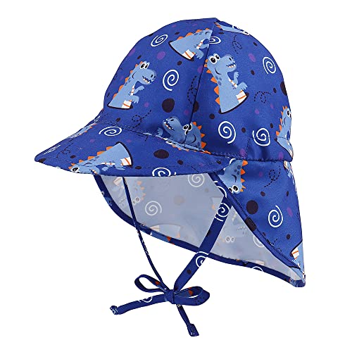 LACOFIA Baby Sonnenhut mit Bindebändern und Nackenschutz Kinder Strand Mützen Kleinkind Sommer Visier Cap Blau Dinosaurier 2-5 Jahre von LACOFIA