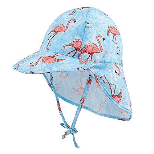 LACOFIA Baby Sonnenhut mit Bindebändern und Nackenschutz Kinder Strand Mützen Kleinkind Sommer Visier Cap Blau Flamingo 6-18 Monate von LACOFIA