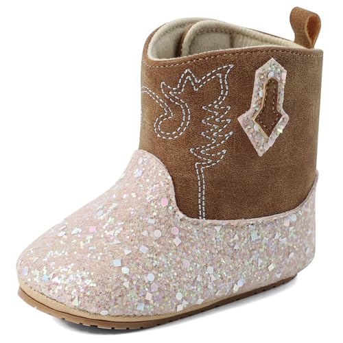 LACOFIA Baby Stiefel Mädchen Lauflernschuhe Bling Bling Bootie Baby Cowboystiefel Westernstiefel mit Anti-Rutsch Weiche Sohle Braun 6-12 Monate von LACOFIA