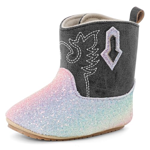 LACOFIA Baby Stiefel Mädchen Lauflernschuhe Bling Bling Bootie Baby Cowboystiefel Westernstiefel mit Anti-Rutsch Weiche Sohle Grau 6-12 Monate von LACOFIA