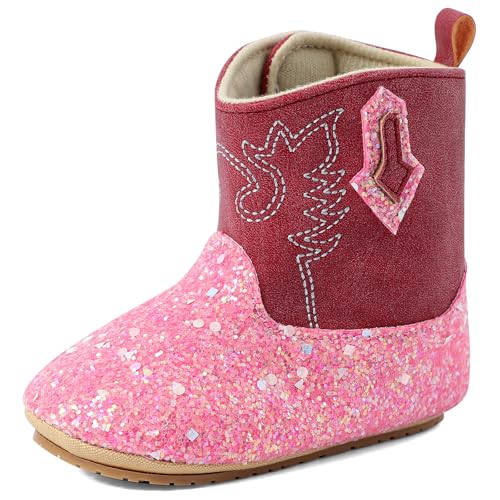 LACOFIA Baby Stiefel Mädchen Lauflernschuhe Bling Bling Bootie Baby Cowboystiefel Westernstiefel mit Anti-Rutsch Weiche Sohle Rot 3-6 Monate von LACOFIA