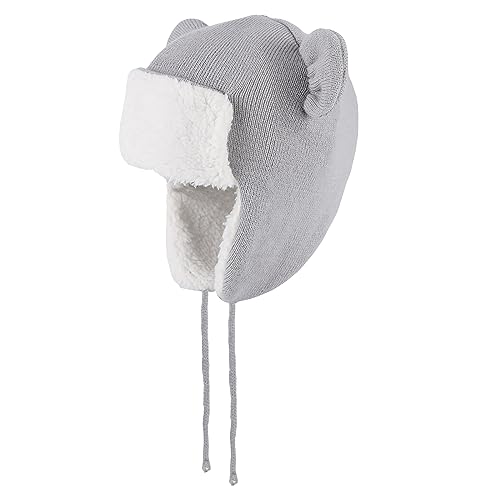 LACOFIA Baby Wintermütze Kleinkind Jungen Earflap Beanie Kinder Warme Fleece Gefüttert Bär Hut Strickmützen Trappermütze mit 2 Öhrchen Grau 2-4 Jahre L von LACOFIA