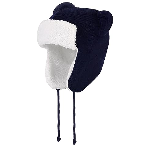 LACOFIA Baby Wintermütze Kleinkind Jungen Earflap Beanie Kinder Warme Fleece Gefüttert Bär Hut Strickmützen Trappermütze mit 2 Öhrchen Marineblau 1-2 Jahre M von LACOFIA