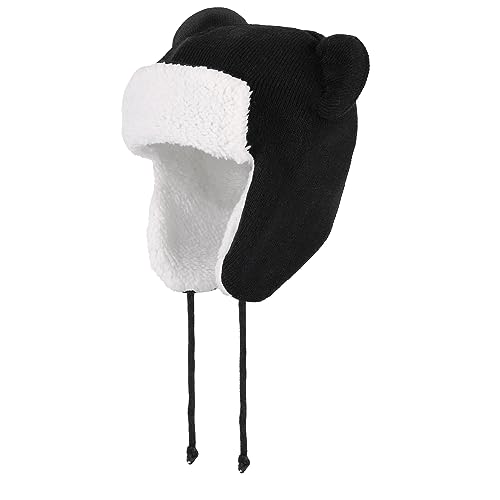 LACOFIA Baby Wintermütze Kleinkind Jungen Earflap Beanie Kinder Warme Fleece Gefüttert Bär Hut Strickmützen Trappermütze mit 2 Öhrchen Schwarz 2-4 Jahre L von LACOFIA