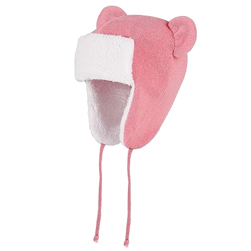 LACOFIA Baby Wintermütze Kleinkind Mädchen Earflap Beanie Kinder Warme Fleece Gefüttert Bär Hut Strickmützen Trappermütze mit 2 Öhrchen Rosa 2-4 Jahre L von LACOFIA