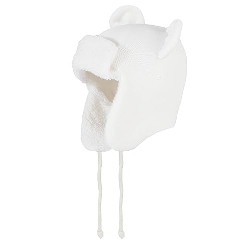 LACOFIA Baby Wintermütze Kleinkind Mädchen Earflap Beanie Kinder Warme Fleece Gefüttert Bär Hut Strickmützen Trappermütze mit 2 Öhrchen Weiß 6-12 Monate S von LACOFIA