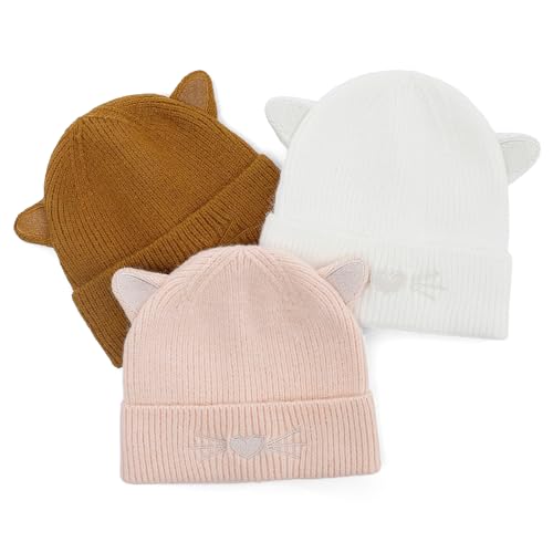 LACOFIA Baby Wintermütze mit Katzenohren Kleinkind Mädchen Warme Strickmütze Weiche Beanie Hut Braun+Rosa+Weiß 0-6 Monate von LACOFIA