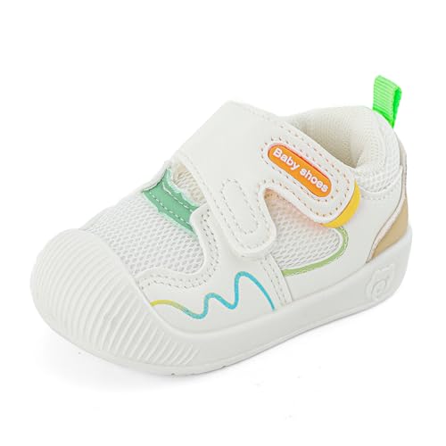 LACOFIA Babyschuhe Mädchen Jungen Lauflernschuhe Baby Erste Schuhe mit rutschfeste Gummisohle Atmungsaktiv Kleinkind Sneaker Weiß/Orange 17 EU(Etikett 15) von LACOFIA