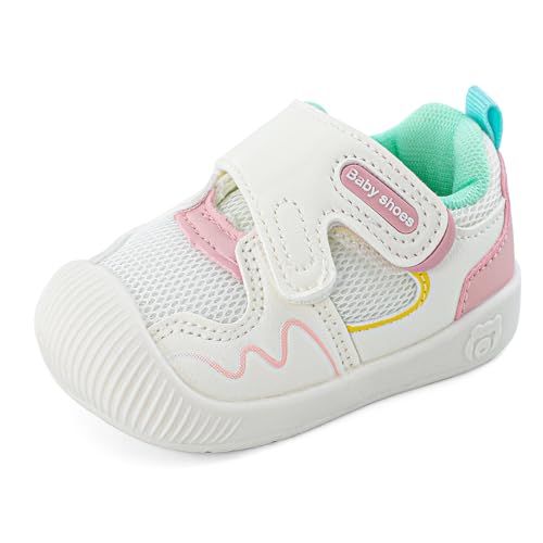 LACOFIA Babyschuhe Mädchen Lauflernschuhe Baby Erste Schuhe mit rutschfeste Gummisohle Atmungsaktiv Kleinkind Sneaker Weiß/Rosa 19 EU(Etikett 17) von LACOFIA