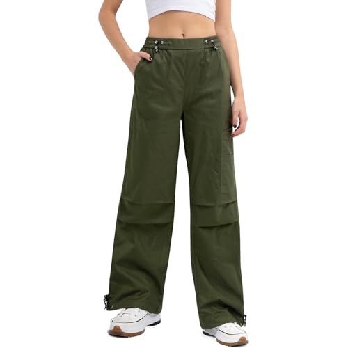 LACOFIA Damen Cargohose Elastische Taille Arbeitshose Atmungsaktive Baumwolle Casual Outdoorhose mit Vielen Taschen Militärgrün L von LACOFIA