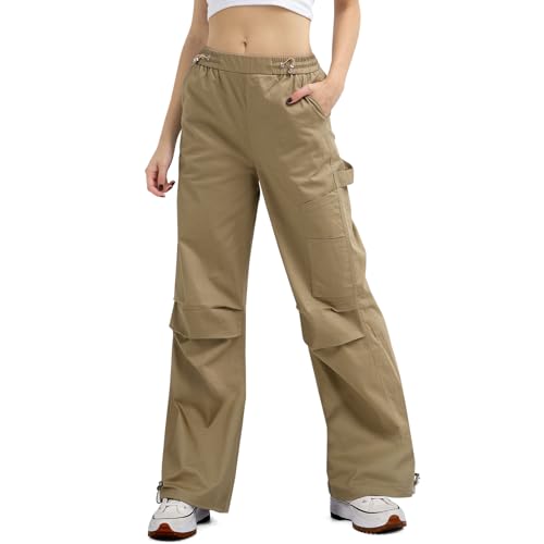 LACOFIA Damen Cargohose Elastische Taille Arbeitshose Atmungsaktive Baumwolle Casual Outdoorhose mit Vielen Taschen Khaki M von LACOFIA