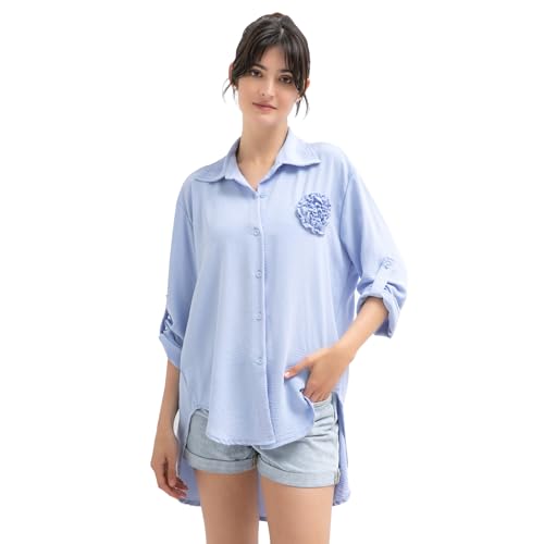 LACOFIA Damen Bluse Elegant Langarmshirt mit V-Ausschnitt Button Down Blusen Lässiges Hemd Lange Oberteile mit Aufrollbare 3/4 Ärmel,Einheitsgröße (12550) Hellblau von LACOFIA