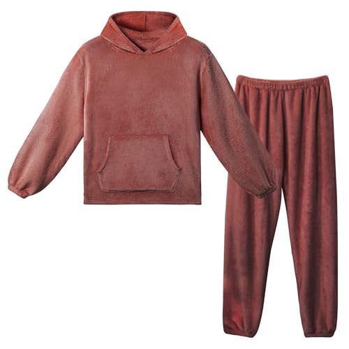LACOFIA Damen Fleece Schlafanzüge mit Kapuze Winter Warme Pyjama Set Erwachsene Langarm Hausanzug Paar Nachtwäsche Dunkelrot XS von LACOFIA