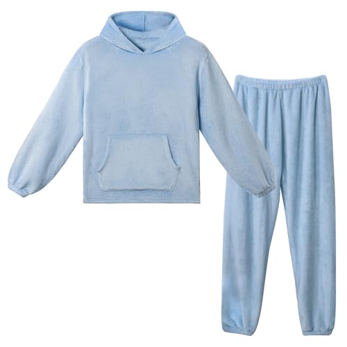 LACOFIA Damen Fleece Schlafanzüge mit Kapuze Winter Warme Pyjama Set Erwachsene Langarm Hausanzug Paar Nachtwäsche Hellblau M von LACOFIA