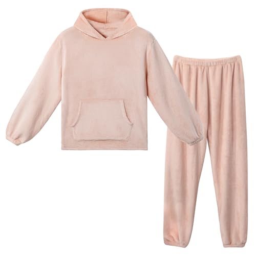 LACOFIA Damen Fleece Schlafanzüge mit Kapuze Winter Warme Pyjama Set Erwachsene Langarm Hausanzug Paar Nachtwäsche Hellrosa S von LACOFIA