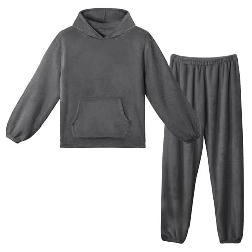 LACOFIA Damen Herren Fleece Schlafanzüge mit Kapuze Winter Warme Pyjama Set Erwachsene Langarm Hausanzug Paar Nachtwäsche Dunkelgrau M von LACOFIA