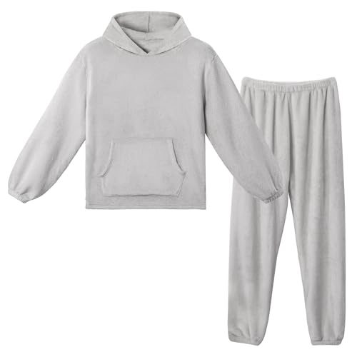 LACOFIA Damen Herren Fleece Schlafanzüge mit Kapuze Winter Warme Pyjama Set Erwachsene Langarm Hausanzug Paar Nachtwäsche Hellgrau XS von LACOFIA