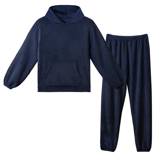 LACOFIA Damen Herren Fleece Schlafanzüge mit Kapuze Winter Warme Pyjama Set Erwachsene Langarm Hausanzug Paar Nachtwäsche Marineblau S von LACOFIA