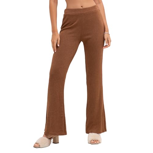 LACOFIA Damen Hosen Rippenstrick Schlaghosen mit Elastische Taille Stretch Einfarbig Freizeithose für Damen, Einheitsgröße (2799) Braun von LACOFIA