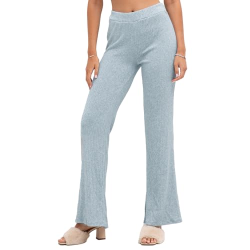 LACOFIA Damen Hosen Rippenstrick Schlaghosen mit Elastische Taille Stretch Einfarbig Freizeithose für Damen, Einheitsgröße (2799) Hellgrau von LACOFIA