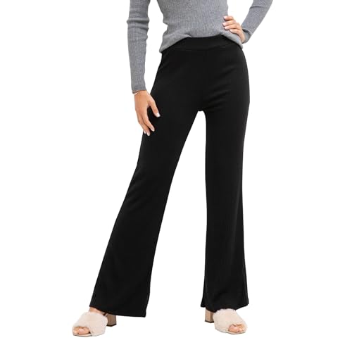 LACOFIA Damen Hosen Rippenstrick Schlaghosen mit Elastische Taille Stretch Einfarbig Freizeithose für Damen, Einheitsgröße (2799) Schwarz von LACOFIA