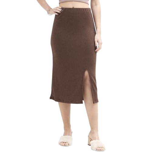 LACOFIA Damen Midi Rock mit Schlitz Elegante Rippenstrick Rock Elastische Hohe Taille Bleistiftrock Basic Solide Dehnbar Lange Freizeitrock für Frauen,Einheitsgröße (2825) Braun von LACOFIA