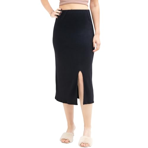 LACOFIA Damen Midi Rock mit Schlitz Elegante Rippenstrick Rock Elastische Hohe Taille Bleistiftrock Basic Solide Dehnbar Lange Freizeitrock für Frauen,Einheitsgröße (2825) Schwarz von LACOFIA