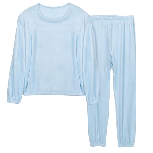 LACOFIA Damen Schlafanzüge Warme Polar Fleece Pyjama Set Winter Langarm Hausanzug Paar Nachtwäsche Mit Lange Oberteile Und Hosen Für Frauen Blau L von LACOFIA