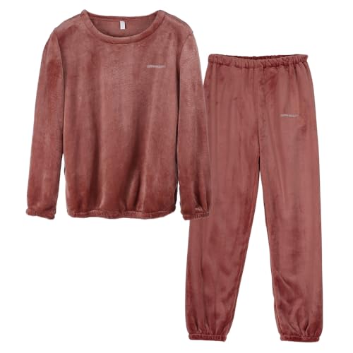 LACOFIA Damen Schlafanzüge Warme Polar Fleece Pyjama Set Winter Langarm Hausanzug Paar Nachtwäsche Mit Lange Oberteile Und Hosen Für Frauen Dunkelrot M von LACOFIA