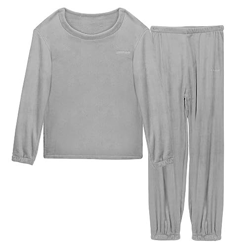 LACOFIA Damen Schlafanzüge Warme Polar Fleece Pyjama Set Winter Langarm Hausanzug Paar Nachtwäsche Mit Lange Oberteile Und Hosen Für Frauen Hellgrau XL von LACOFIA