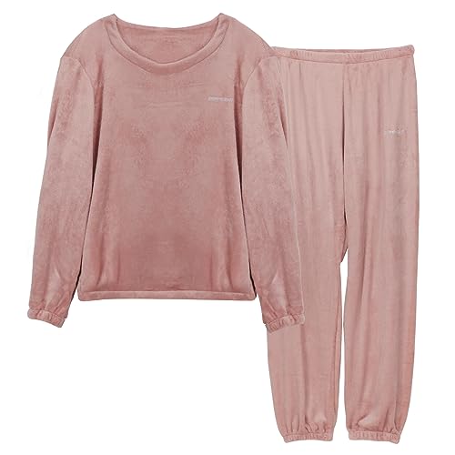 LACOFIA Damen Schlafanzüge Warme Polar Fleece Pyjama Set Winter Langarm Hausanzug Paar Nachtwäsche Mit Lange Oberteile Und Hosen Für Frauen Rosa L von LACOFIA