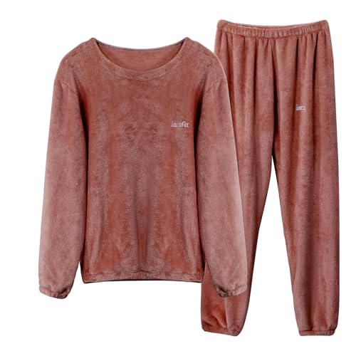 LACOFIA Damen Schlafanzüge Winter Warme Polar Fleece Pyjama Set Langarm Hausanzug Paar Nachtwäsche Mit Lange Oberteile Und Hosen Für Frauen Dunkelrot M von LACOFIA