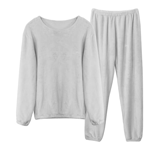 LACOFIA Damen Schlafanzüge Winter Warme Polar Fleece Pyjama Set Langarm Hausanzug Paar Nachtwäsche Mit Lange Oberteile Und Hosen Für Frauen Grau XL von LACOFIA