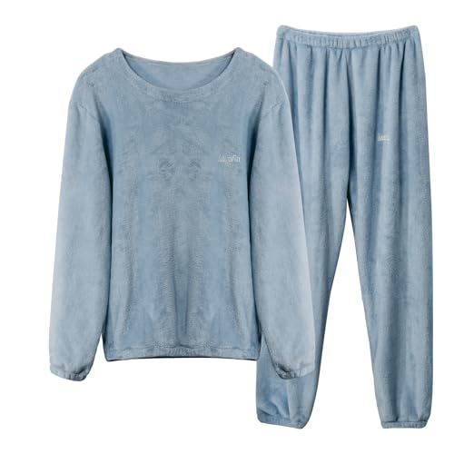 LACOFIA Damen Schlafanzüge Winter Warme Polar Fleece Pyjama Set Langarm Hausanzug Paar Nachtwäsche Mit Lange Oberteile Und Hosen Für Frauen Hellblau 2XL von LACOFIA