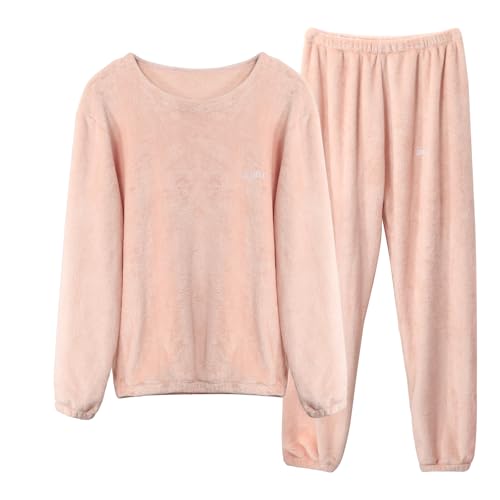 LACOFIA Damen Schlafanzüge Winter Warme Polar Fleece Pyjama Set Langarm Hausanzug Paar Nachtwäsche Mit Lange Oberteile Und Hosen Für Frauen Hellrosa XL von LACOFIA