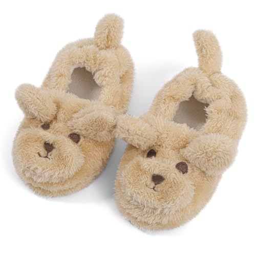 LACOFIA Hausschuhe Kleinkind Mädchen Jungen Pantoffeln Tiere Kinder Winter Plüsch Hausschuhe rutschfeste Khaki Bär 22/23 von LACOFIA