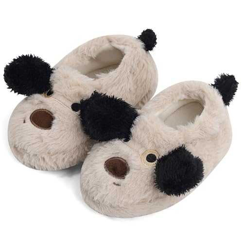 LACOFIA Hausschuhe Kleinkind Mädchen Jungen Pantoffeln Tiere Kinder Winter Plüsch Hausschuhe rutschfeste Khaki Hund 26/27 von LACOFIA