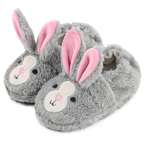LACOFIA Hausschuhe Kleinkind Mädchen Pantoffeln Tiere Kinder Winter Plüsch Hausschuhe rutschfeste Grau Kaninchen 22/23 von LACOFIA